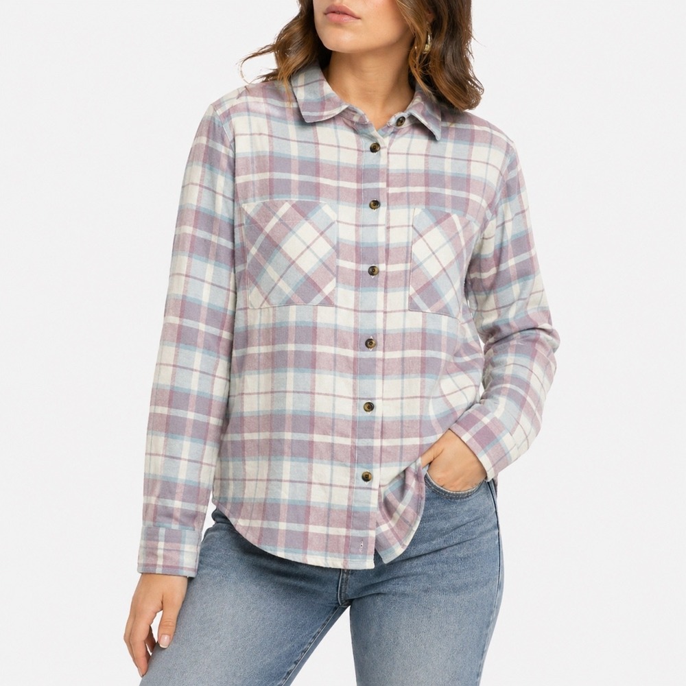 Dip Organic Cotton Plaid Flannel Shirt Womens Large Pastel Purple Blue Button Up